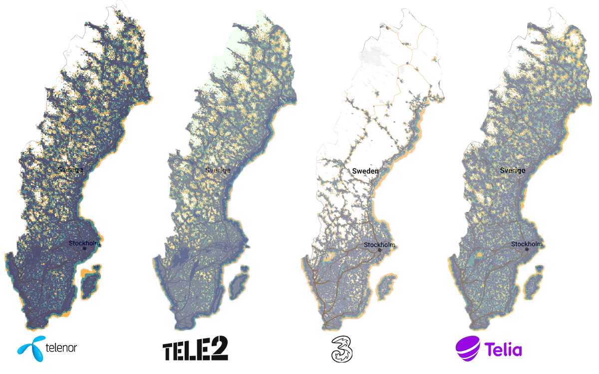 täckningskarta telia, tele2, telenor och tre